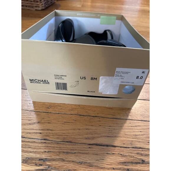 Michael Kors Fiona Wedge Sandals Women’s Size 8 Black Leather Open Toe Ankle - Picture 2 of 7